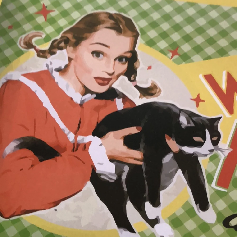 Vintage look theme WHO NEEDS MEN ANYWAY girl with her CAT tin sign license plate